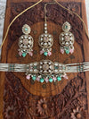 PRISHA Mint pink choker set with maangtika in antique golden polish,Indian Pakistani kundan and moissanite replica festive jewelry