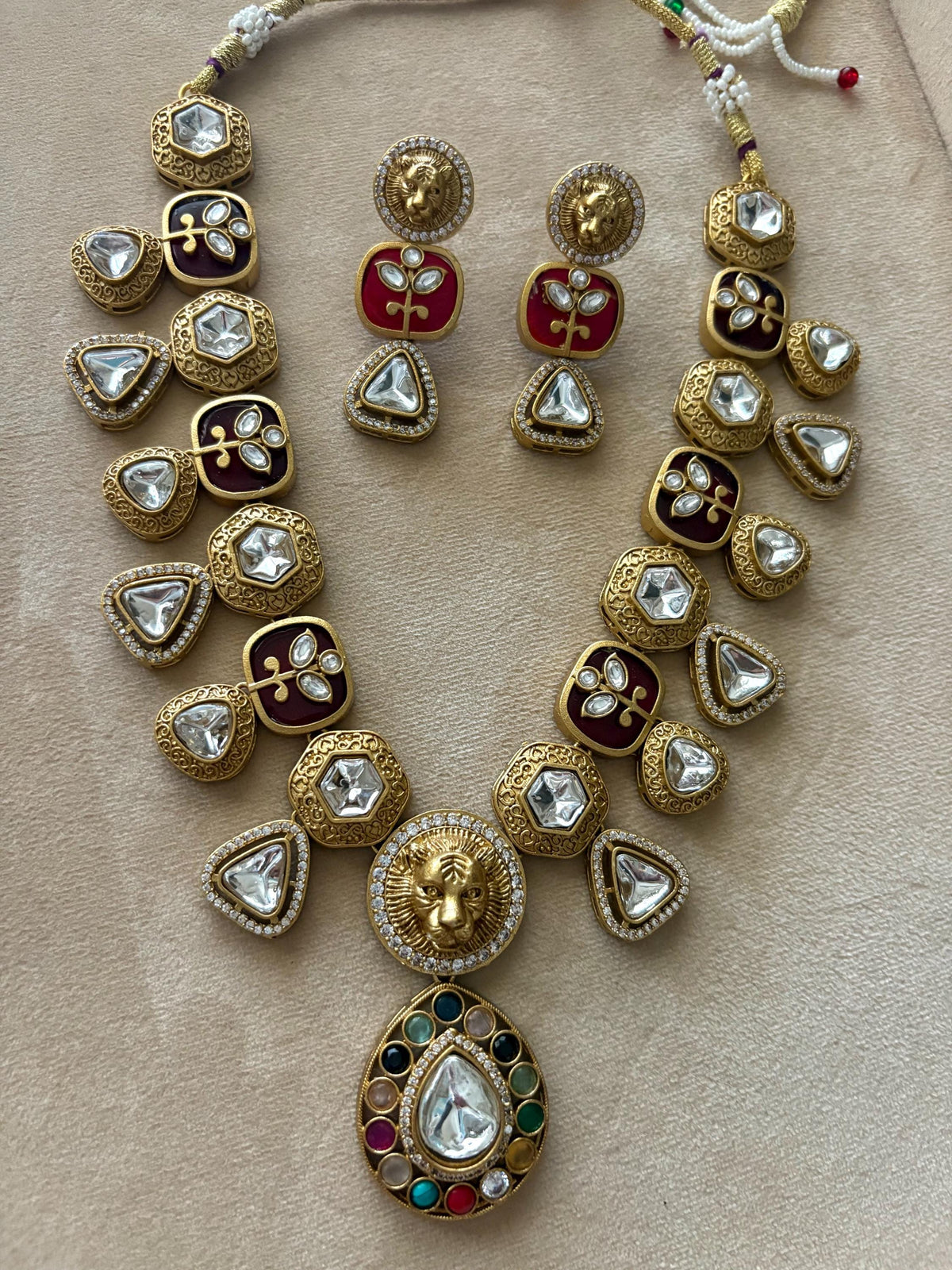 SHIVKA Sabyasachi inspired Red Victorian style kundan necklace set,Indian Bridal jewelry, cz kundan Victorian golden polish