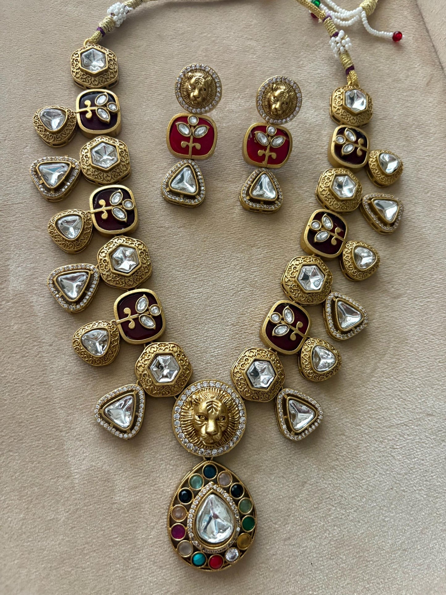SHIVKA Sabyasachi inspired Red Victorian style kundan necklace set,Indian Bridal jewelry, cz kundan Victorian golden polish