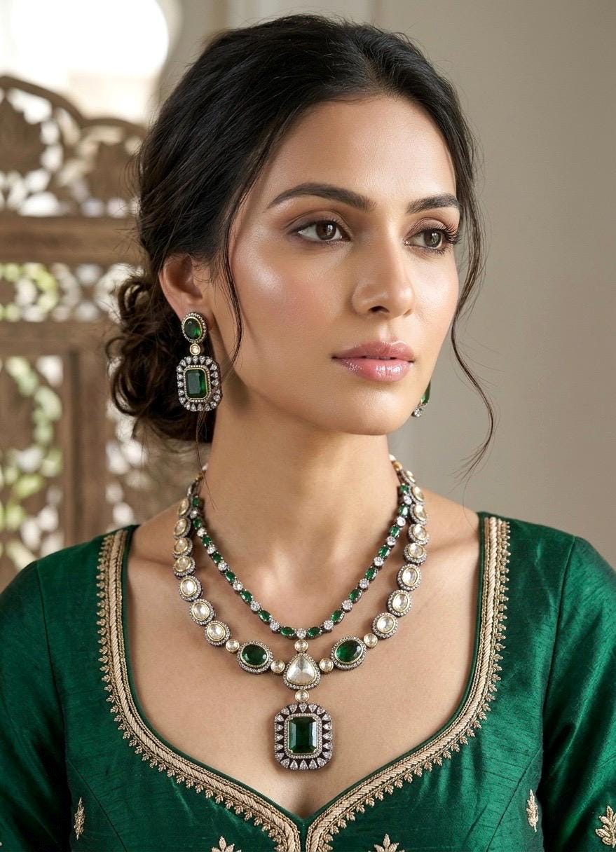 PAVITRA Emerald Green colour necklace set in Doublet Stones,Victorian look Indian Kundan Wedding Jewelry,Sabyasachi Jewellery in green