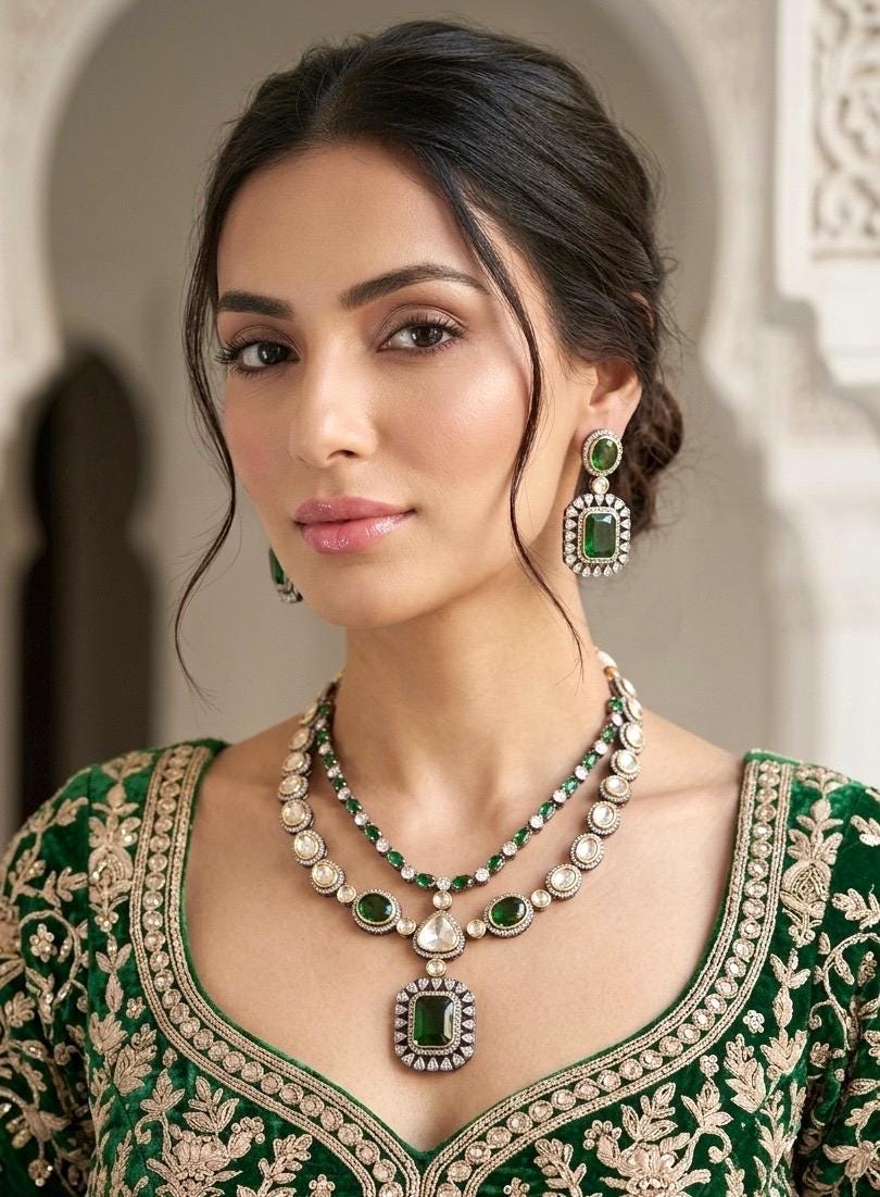 PAVITRA Emerald Green colour necklace set in Doublet Stones,Victorian look Indian Kundan Wedding Jewelry,Sabyasachi Jewellery in green