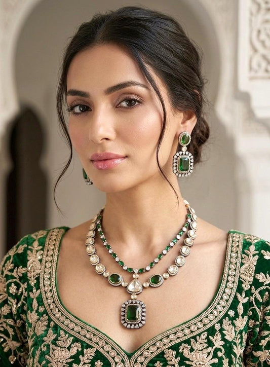 PAVITRA Emerald Green colour necklace set in Doublet Stones,Victorian look Indian Kundan Wedding Jewelry,Sabyasachi Jewellery in green