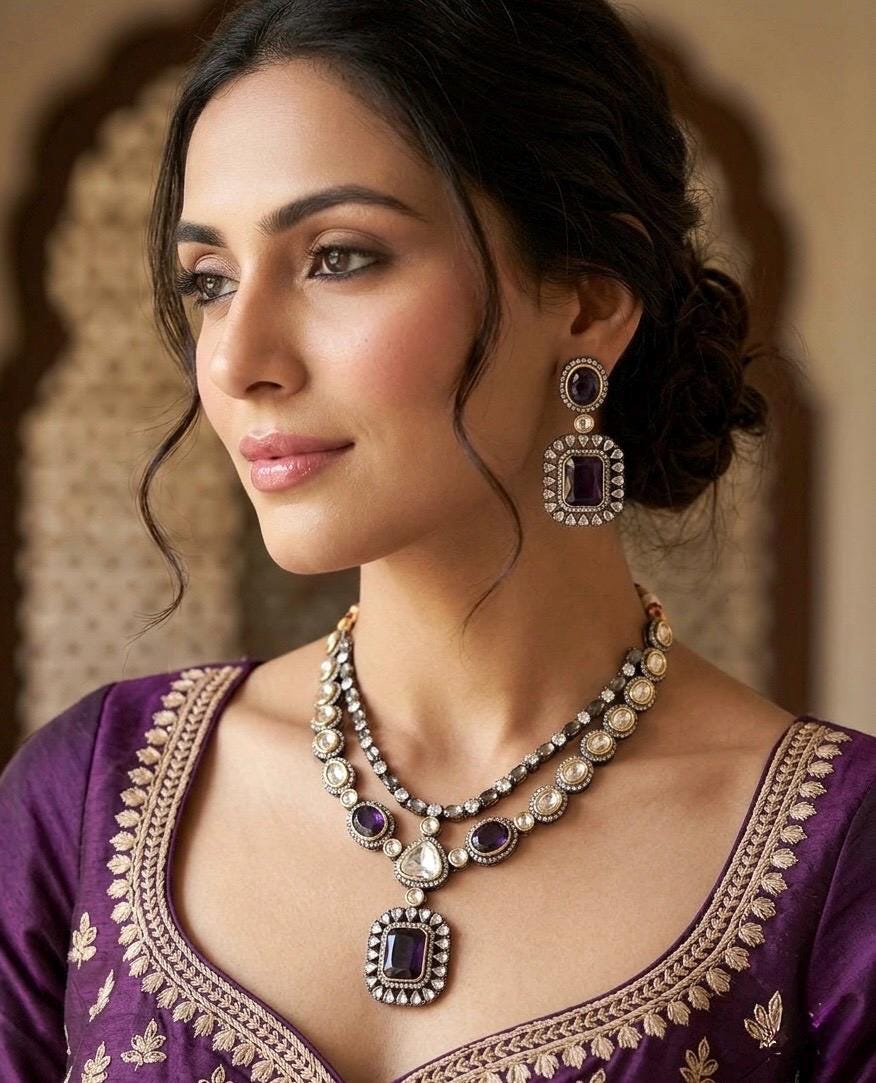 PAVITRA Purple necklace set in Doublet Stones,Victorian look Uncut Polki Indian Kundan Wedding Jewelry, Sabyasachi Jewellery in purple