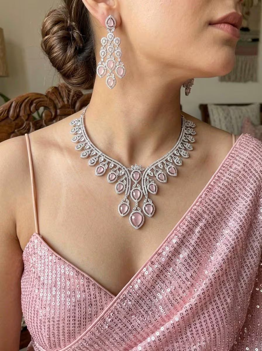 RIZA Pink Silver AD Necklace Set