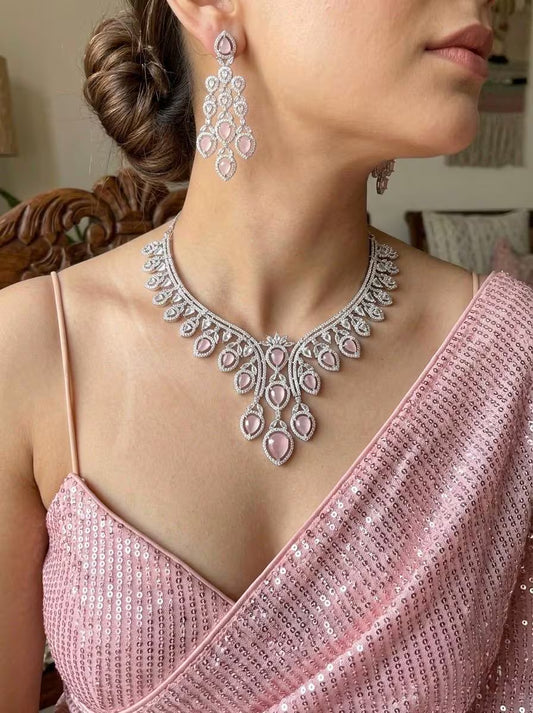 RIZA Pink Silver AD Necklace Set