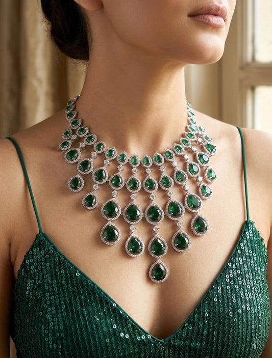 MEHNAZ Green AD Necklace Set with Maangtikka